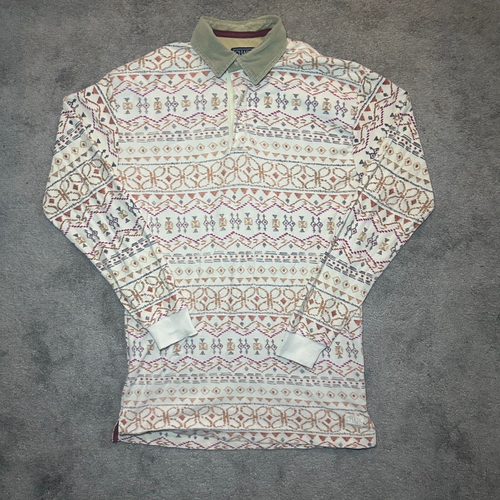 Chaps Polo Shirt Mens Medium White Southwestern Corduroy Collar Long Sleeve